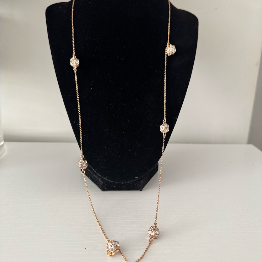 Kate Spade Rose Gold Crystal Fireball Station Necklace – 34” Long NWOT